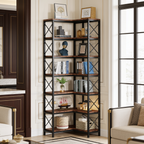 Seven tier corner bookshelf with a black X braced frame holding books and frames