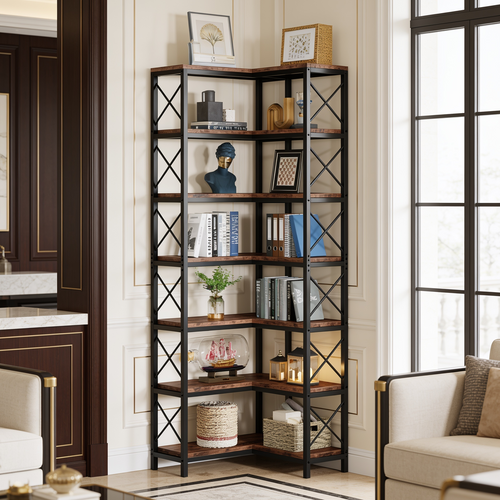 Seven tier corner bookshelf with a black X braced frame holding books and frames