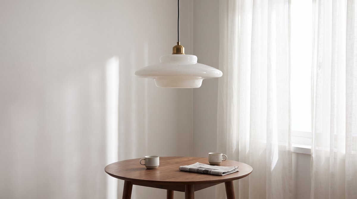 Opal glass pendant over a round breakfast table