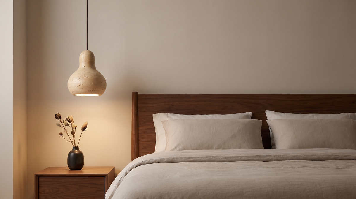 Travertine stone pendant lamp beside a bed