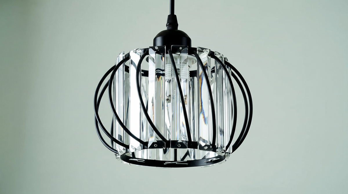 Close detail of the black cage and cut crystal