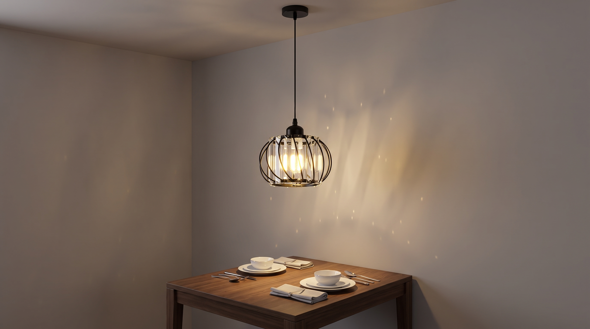 Crystal cage lantern pendant over a dining table