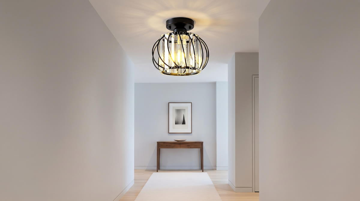 Cage lantern fitted flush in a hallway ceiling
