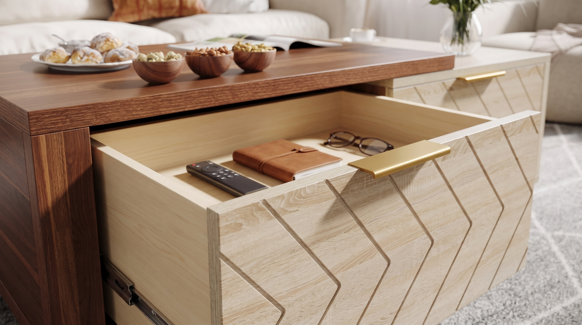 Open drawer showing depth and brass pull