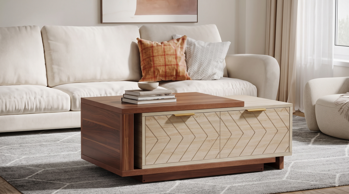 Walnut and oak coffee table in a living room