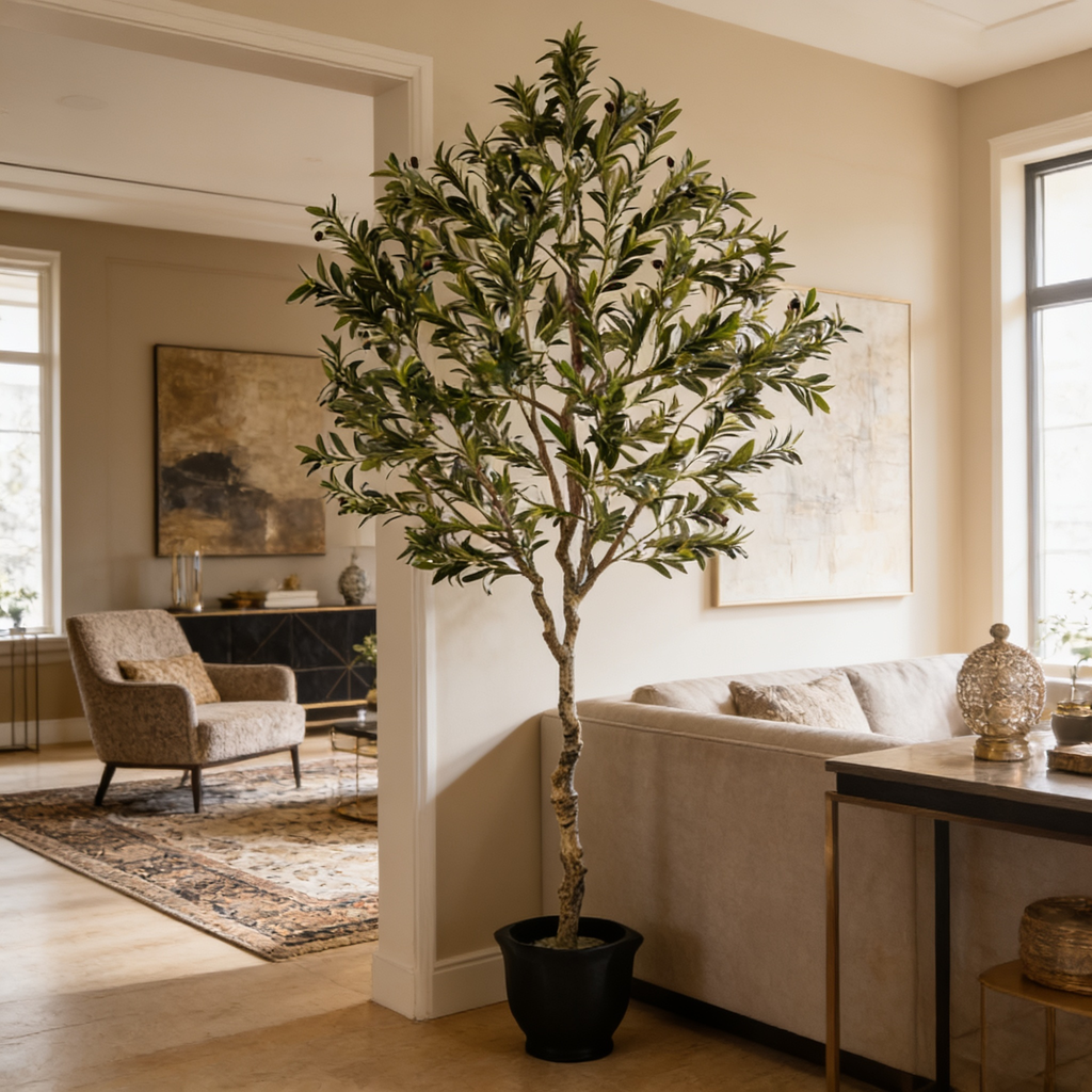 Silk leaf olive tree in a living room with an armchair, console and window behind