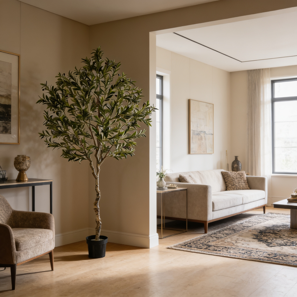 Artificial olive tree in a sunlit room with an armchair, sofa and wood floor