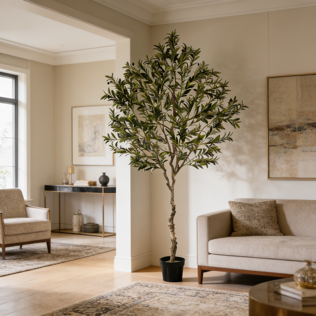 Faux olive tree by a tall window with a mirror and console on the far wall