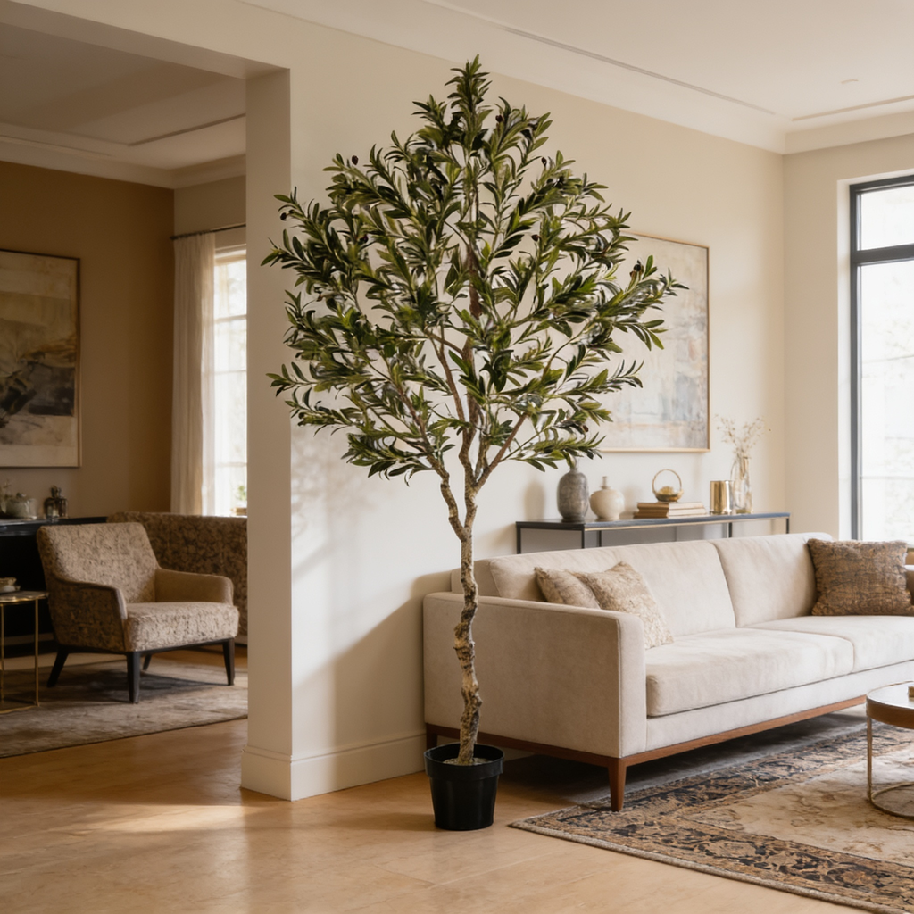 Olive tree in a black pot in front of framed art beside a sofa and vases