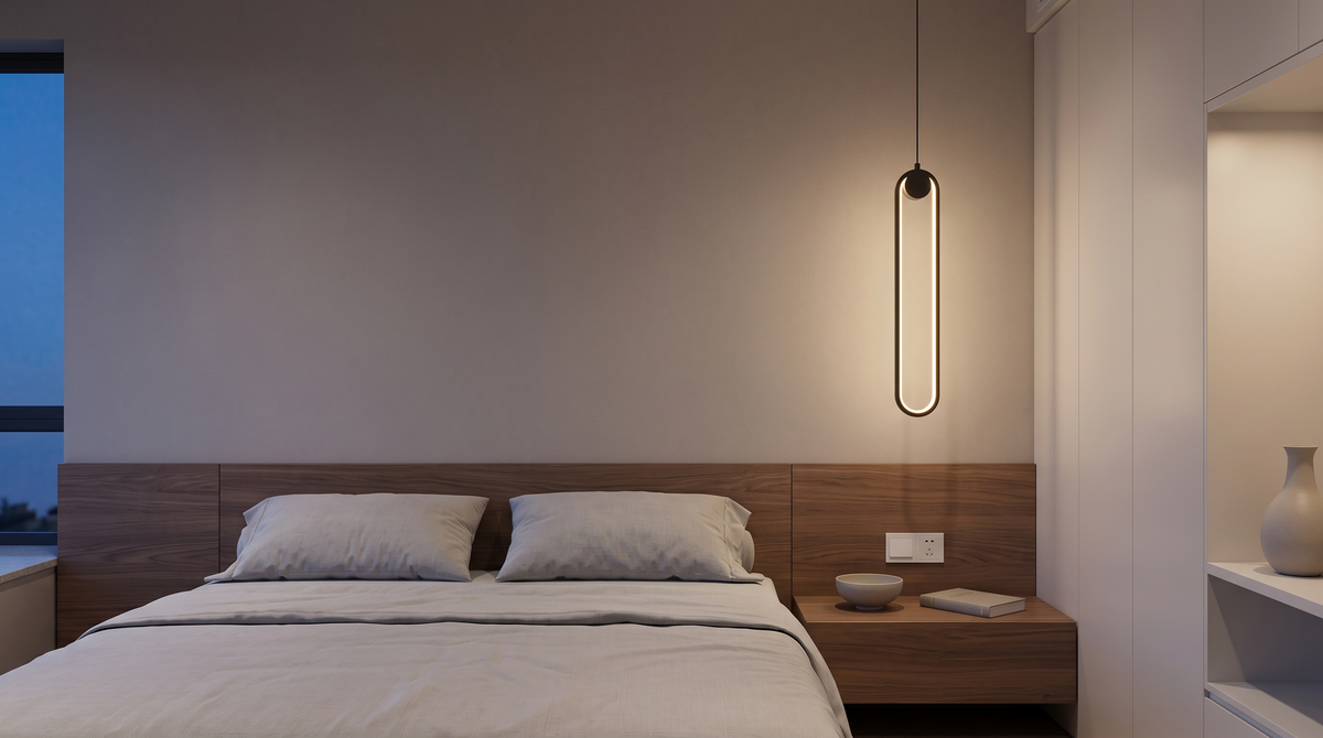 Slim ring pendant beside a bed