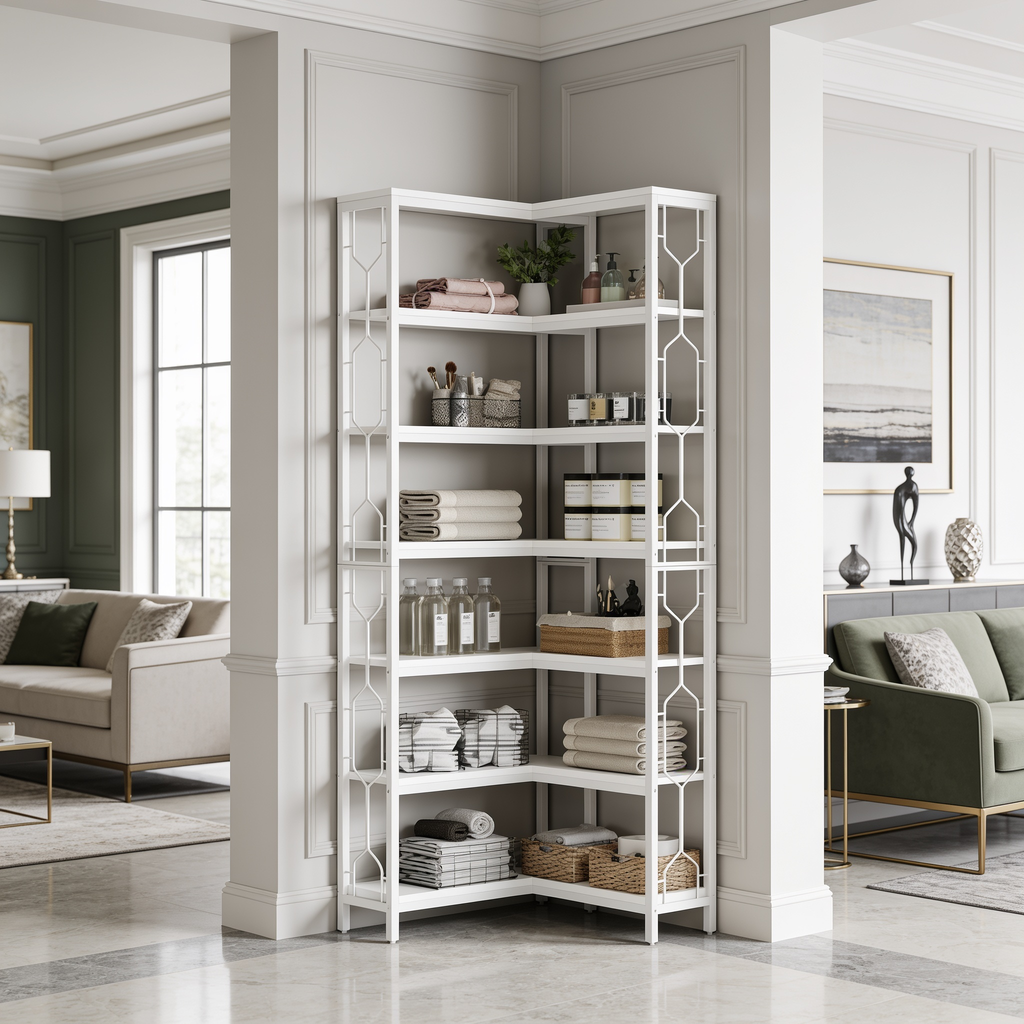 White corner display shelf with baskets and jars against a green painted wall