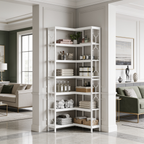 White corner display shelf with baskets and jars against a green painted wall