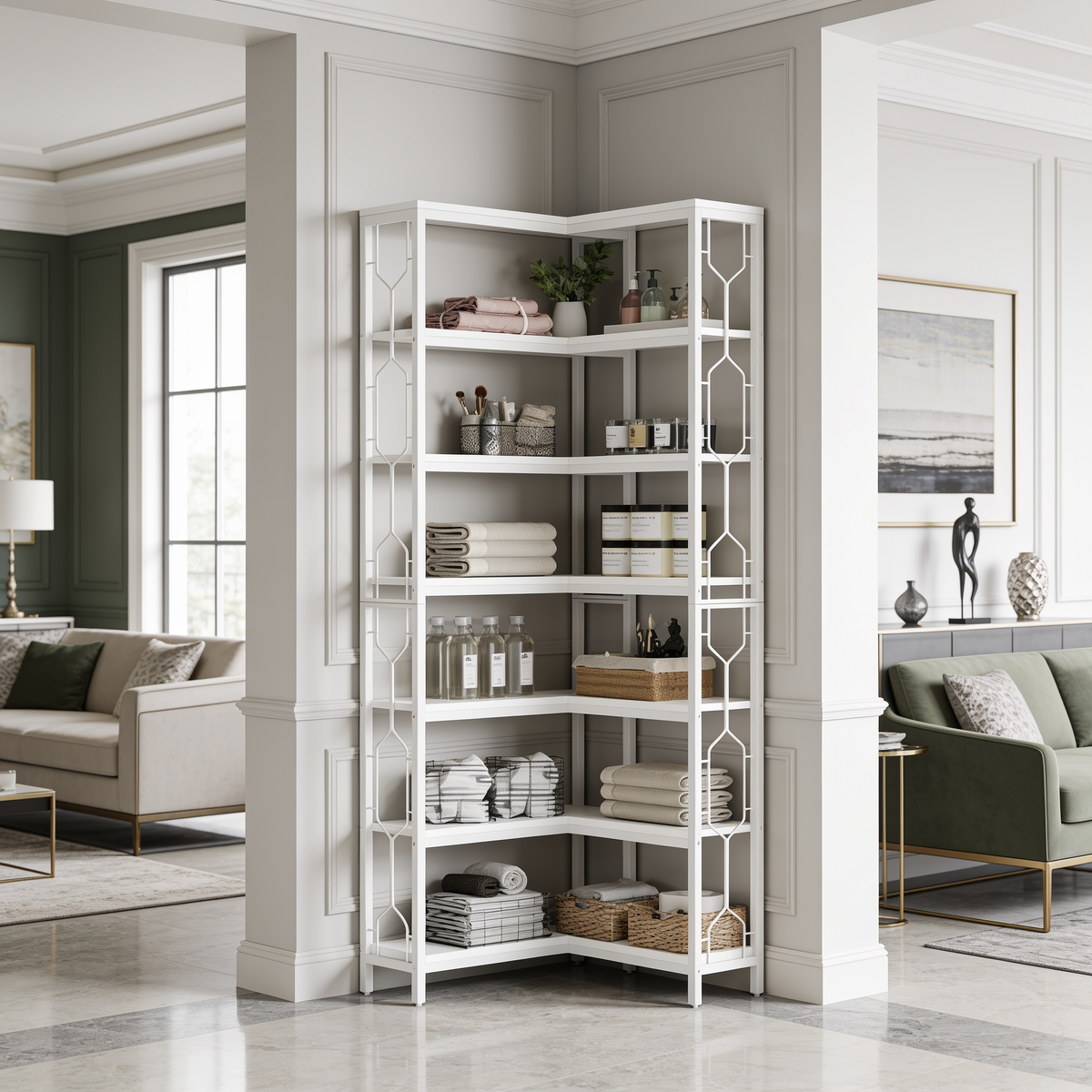 White corner display shelf with baskets and jars against a green painted wall