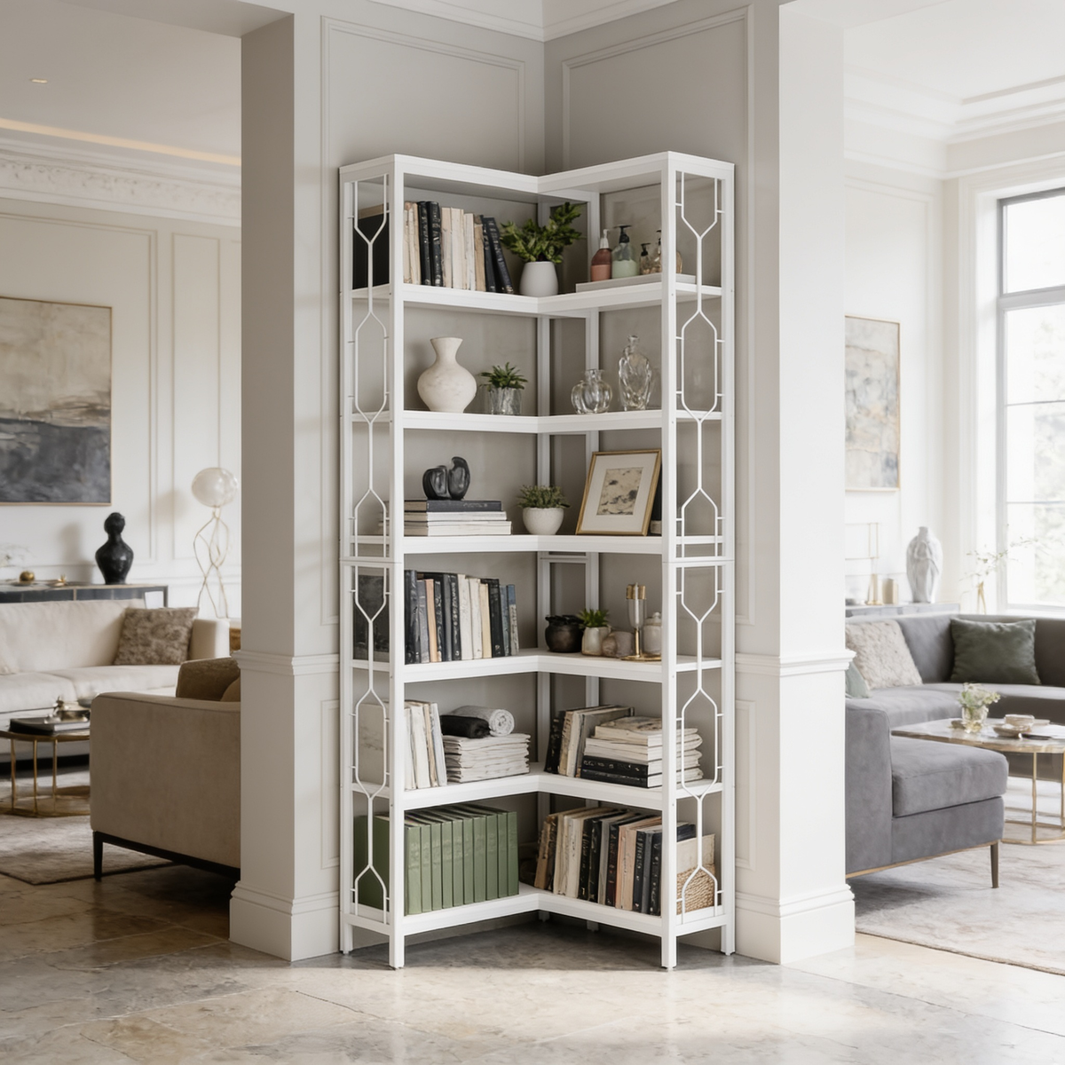 White corner shelving unit with books, framed prints and plants in a bright room