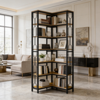 Black corner etagere holding plants and picture frames next to a sideboard