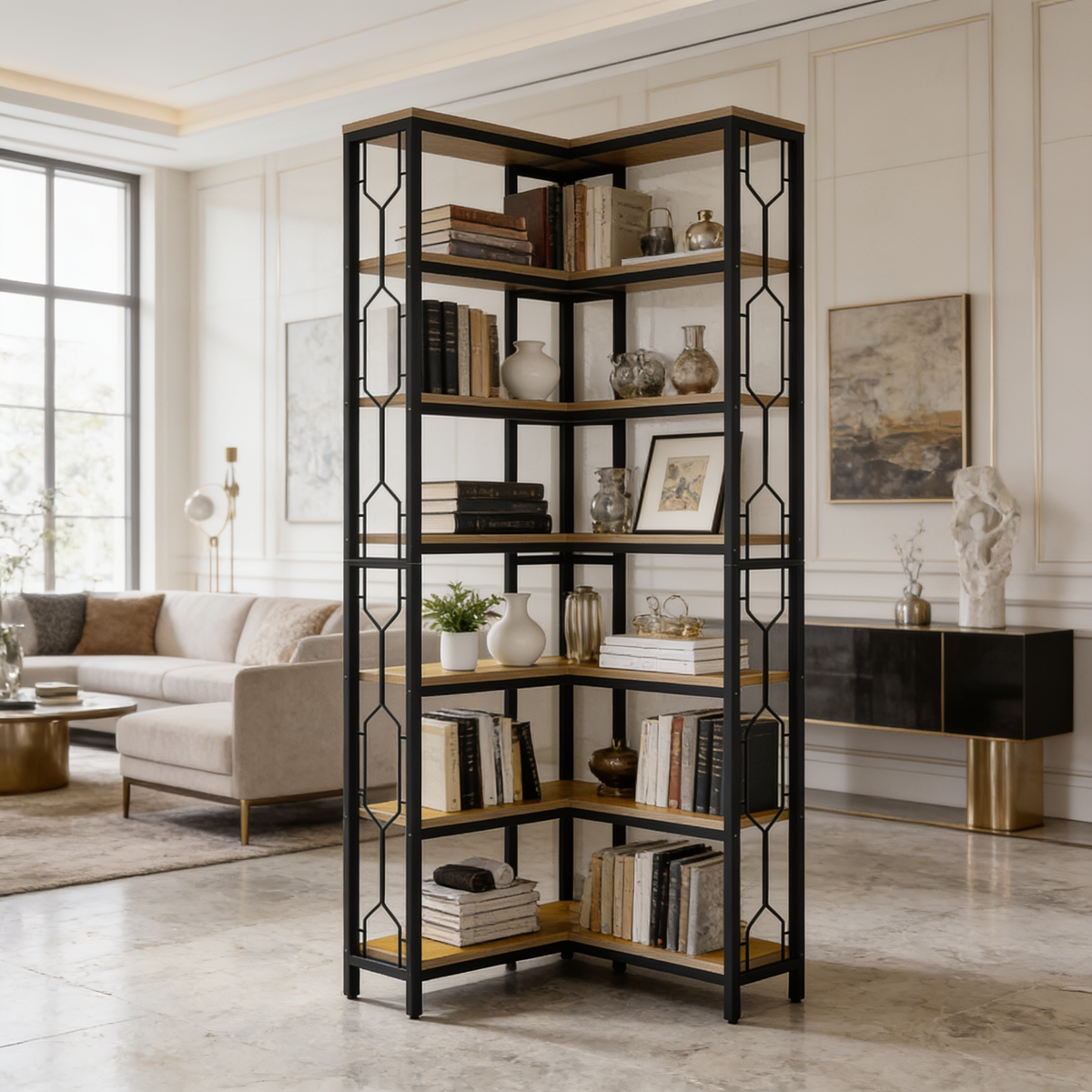 Black corner etagere holding plants and picture frames next to a sideboard