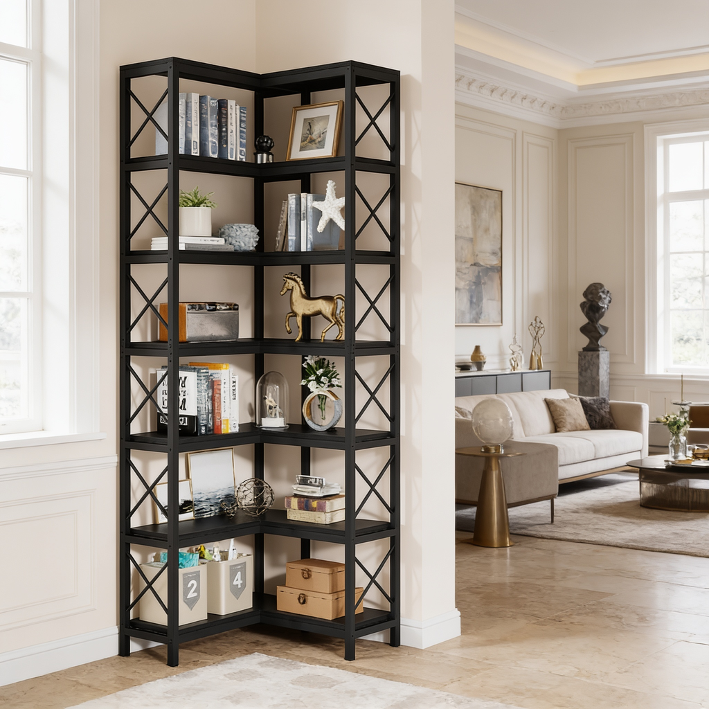 Black corner bookshelf standing in an open living room stacked with books and decor