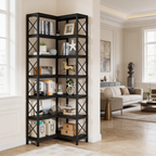 Black corner bookshelf standing in an open living room stacked with books and decor