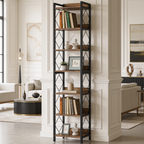 Tall narrow seven tier bookshelf on a black frame holding books and picture frames