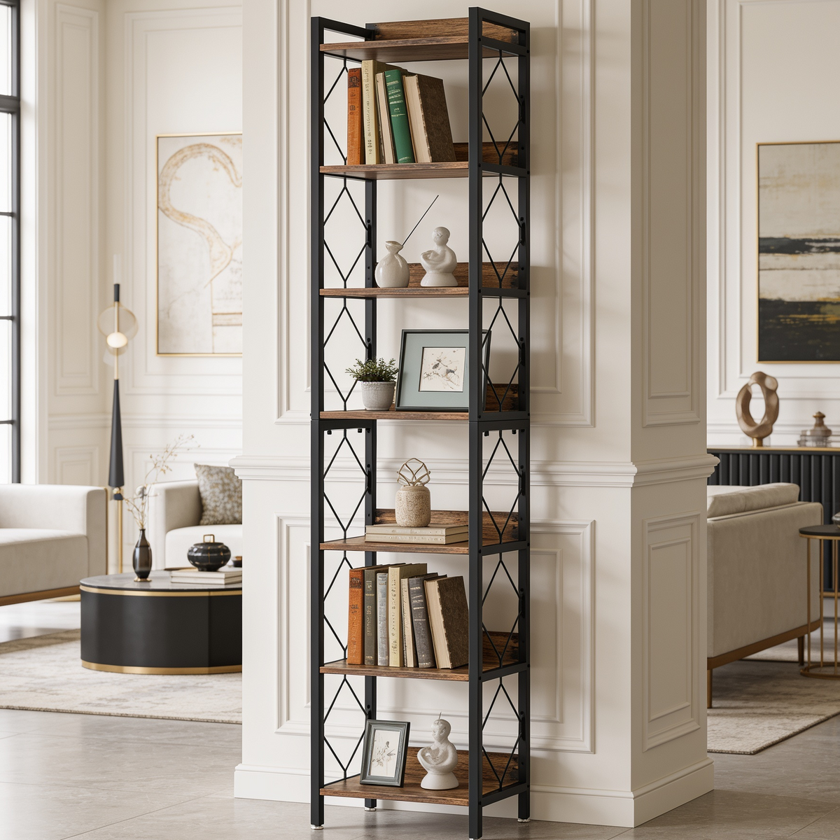 Tall narrow seven tier bookshelf on a black frame holding books and picture frames