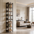 Slim bookshelf against a pale wall beside framed art and a low sofa