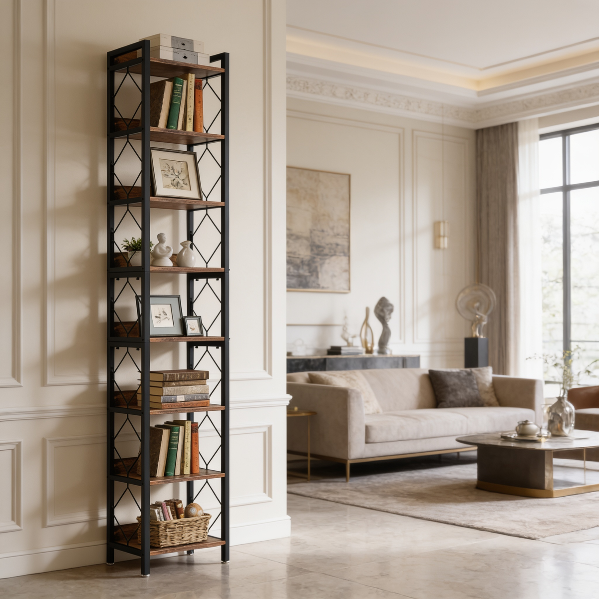 Slim bookshelf against a pale wall beside framed art and a low sofa