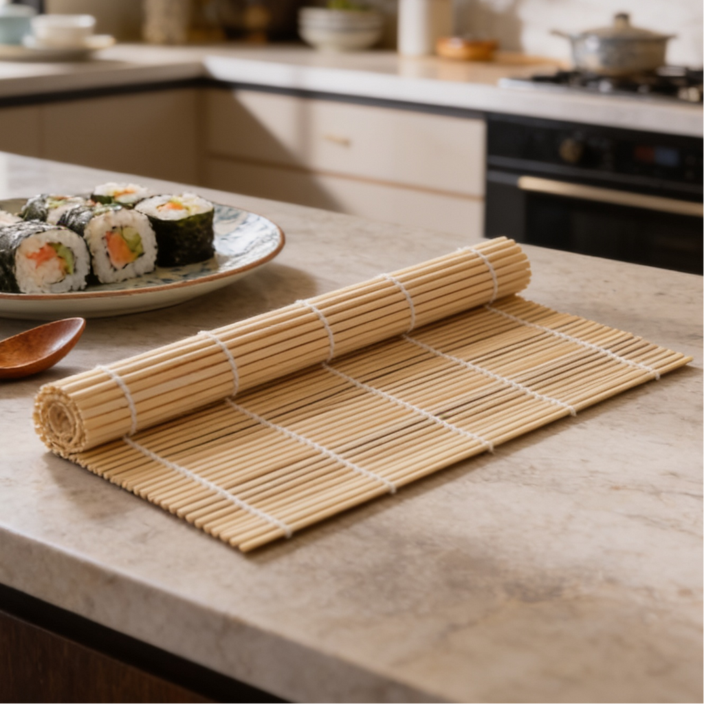 Bamboo rolling mat unrolled on a stone countertop with a plate of sushi behind it