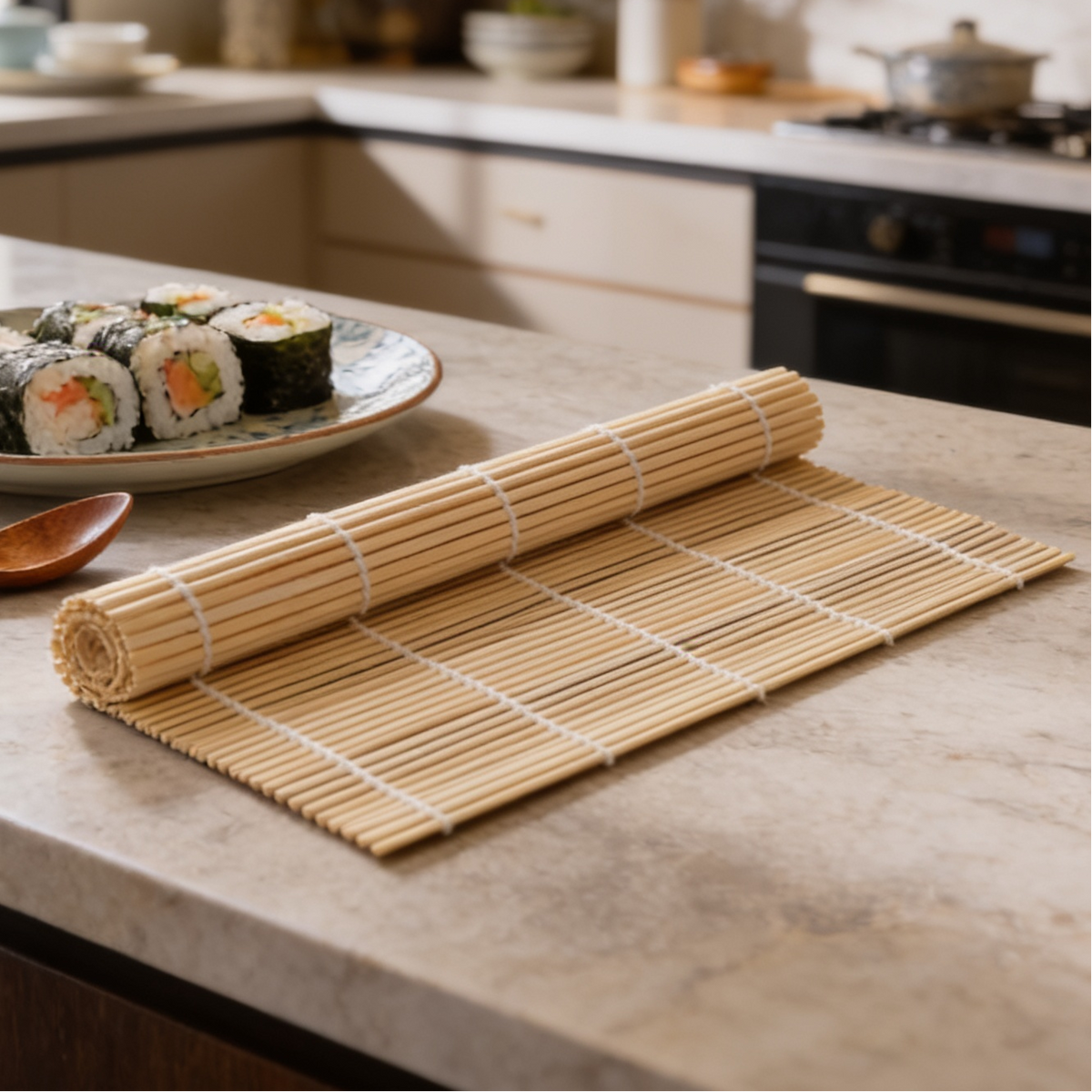 Bamboo rolling mat unrolled on a stone countertop with a plate of sushi behind it