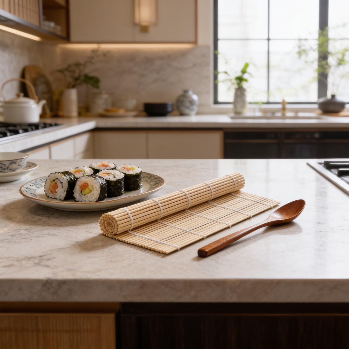 Bamboo sushi mat and chopsticks on a marble counter beside a plate of maki rolls