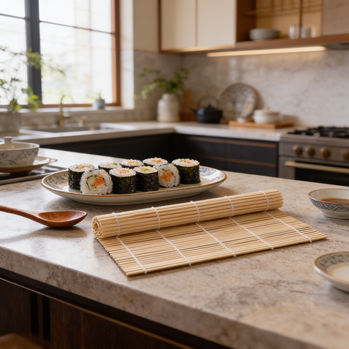 Bamboo rolling mat with a wooden spoon and finished maki on a kitchen counter