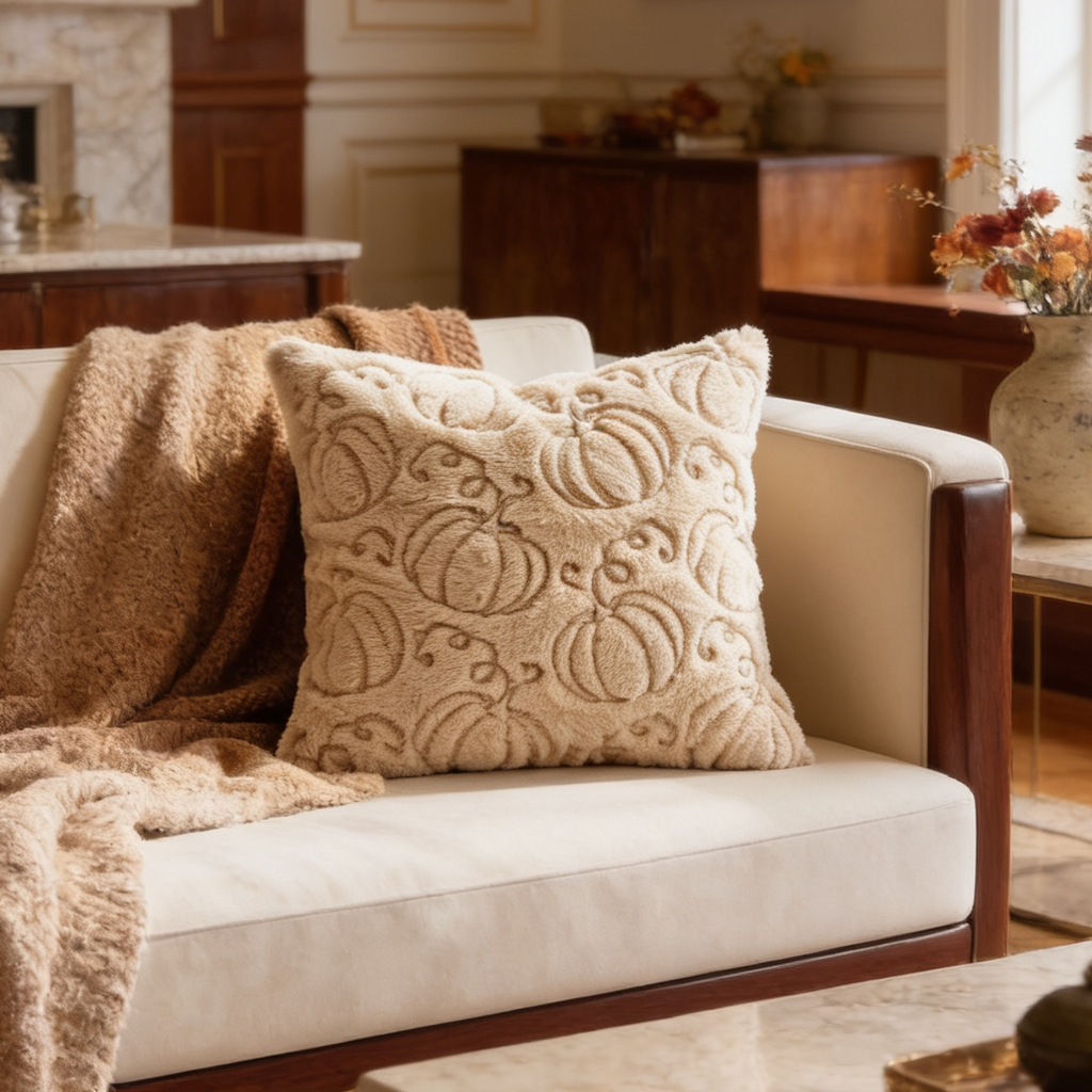 Cream jacquard pillow with woven pumpkin shapes on a beige sofa