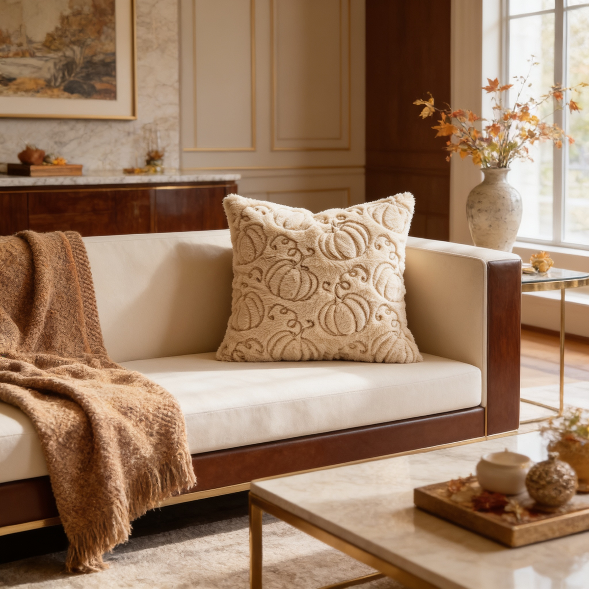 Cream pumpkin jacquard pillow on a wood framed sofa in a bright living room