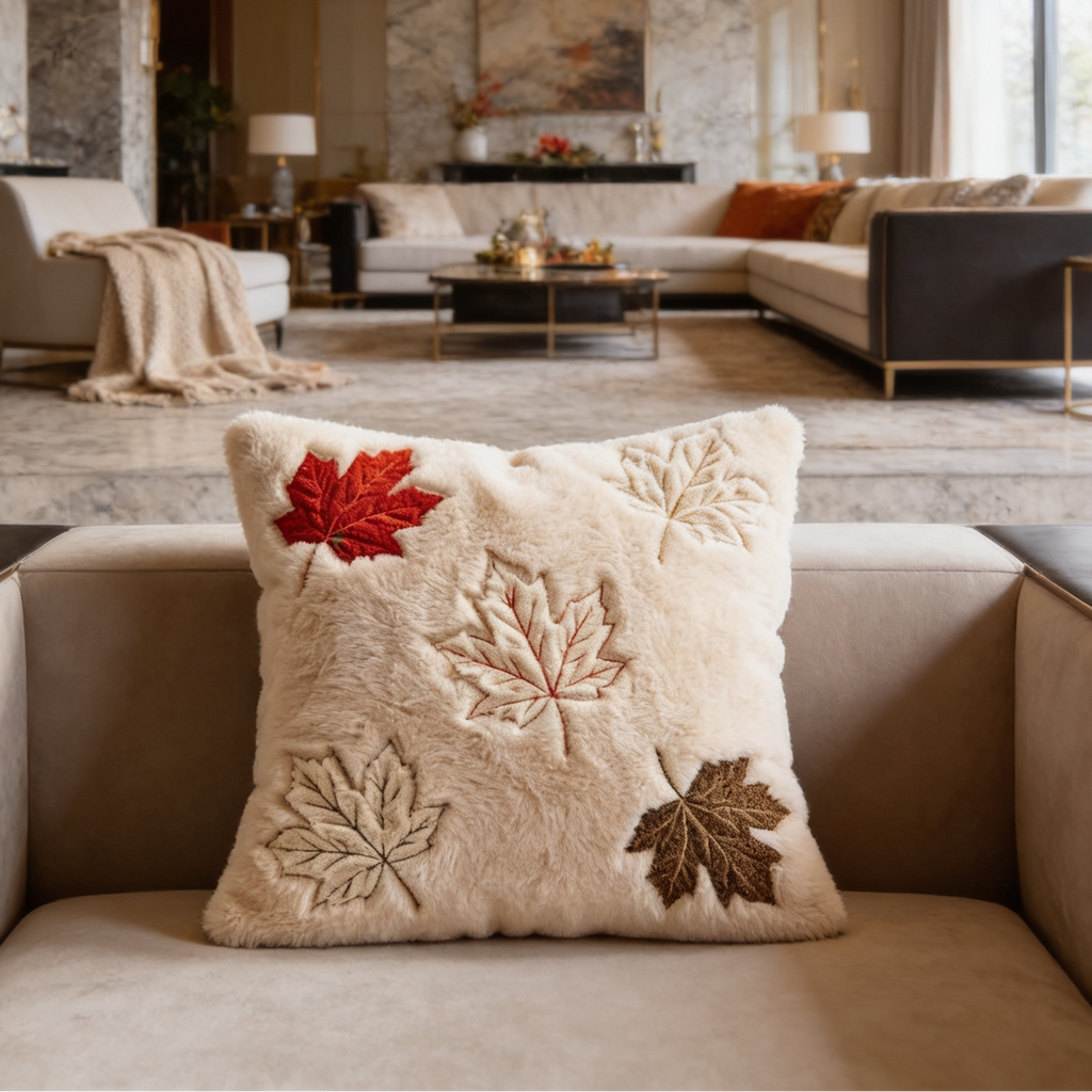 Ivory pillow embroidered with red and brown maple leaves on a sofa arm