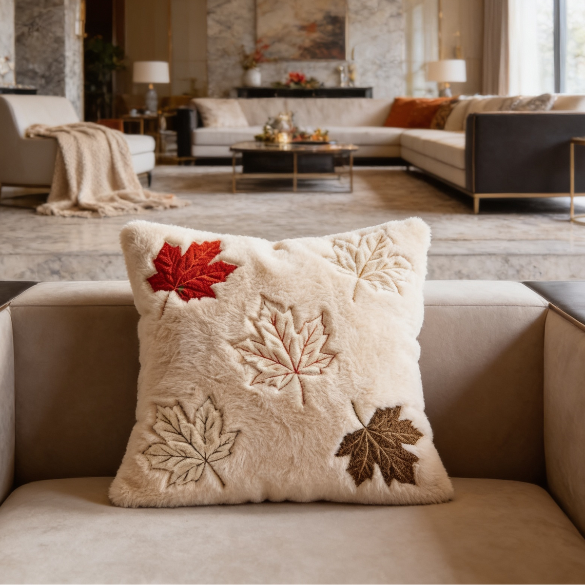 Ivory pillow embroidered with red and brown maple leaves on a sofa arm