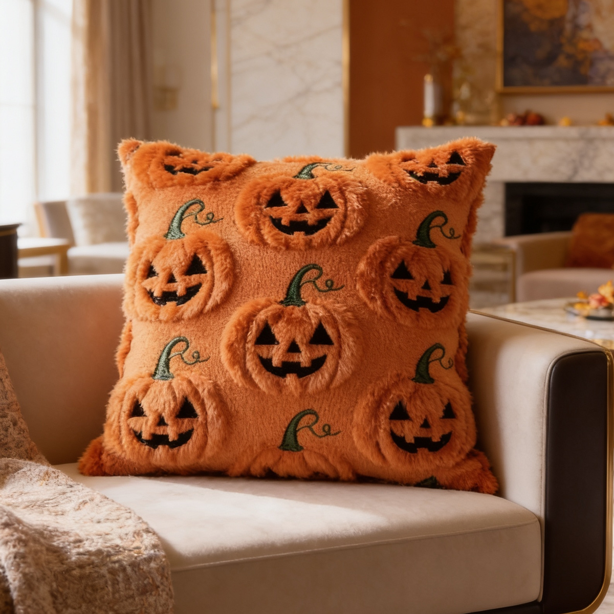 Orange plush pillow tufted with grinning jack o lantern faces on a sofa