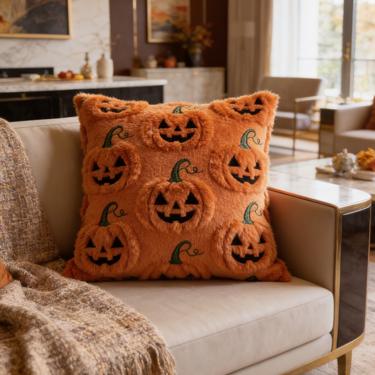 Orange tufted pumpkin face pillow beside a knit throw on a sofa