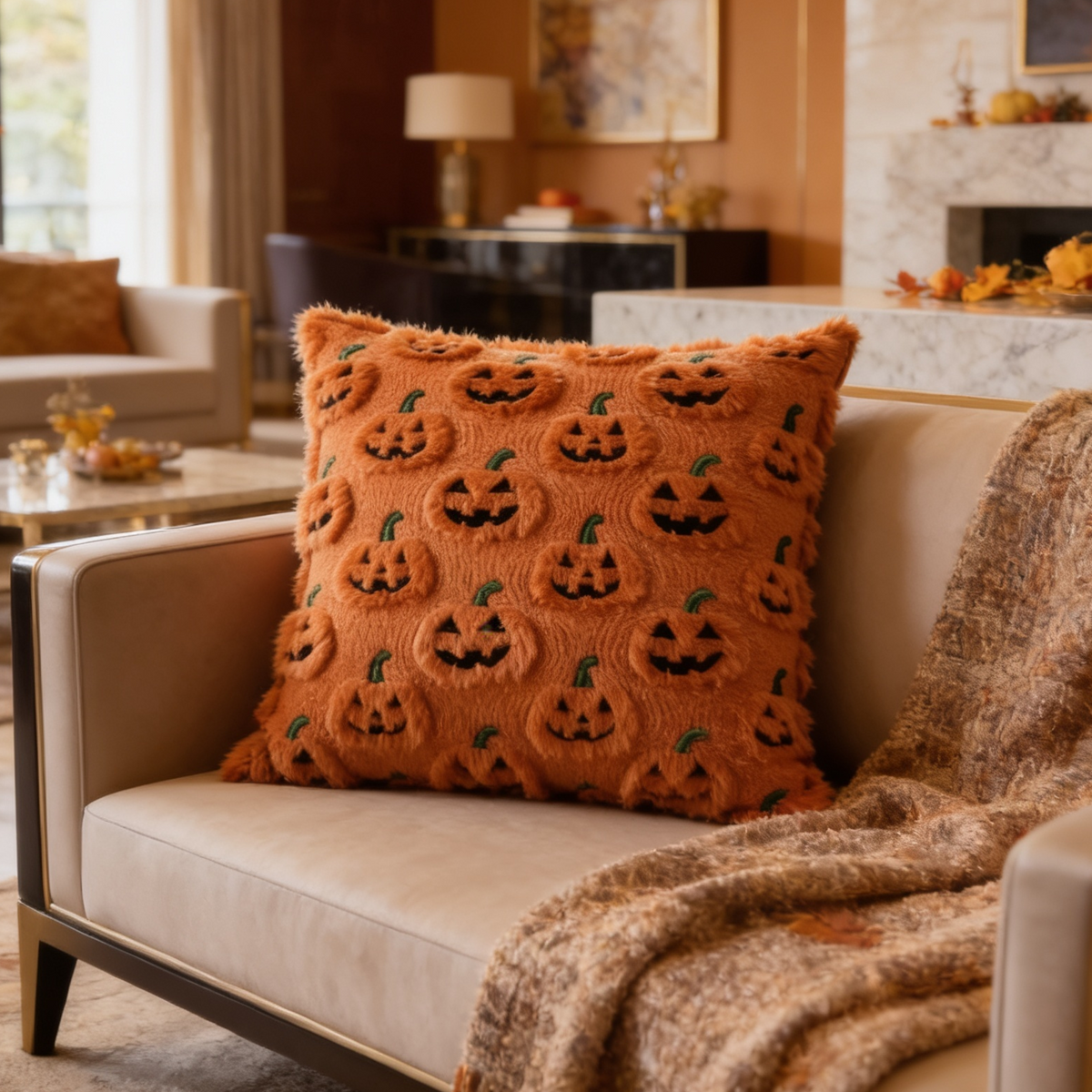 Orange pumpkin face pillow on a light sofa with a knit throw beside it