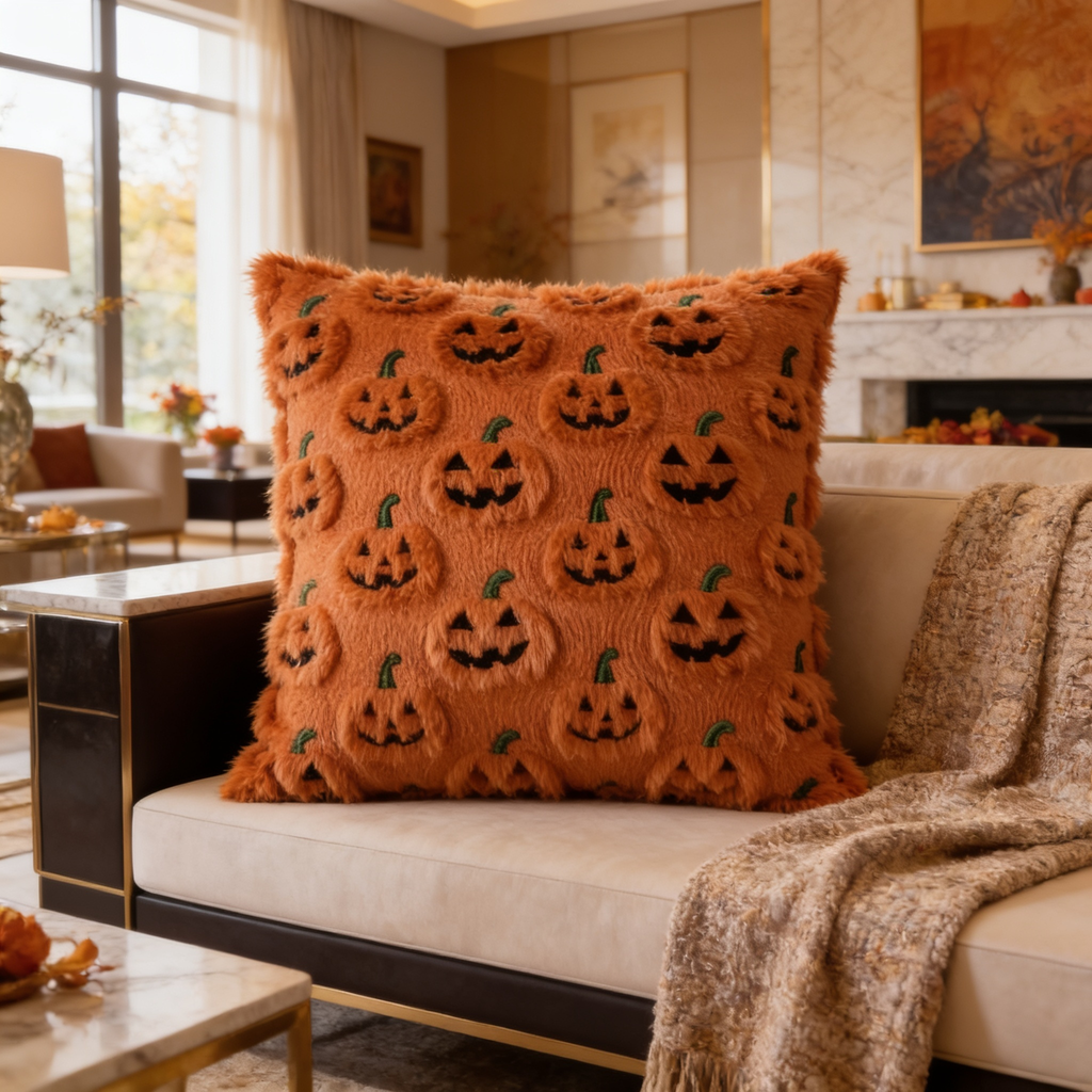 Orange jack o lantern pillow against a sofa with a fireplace behind