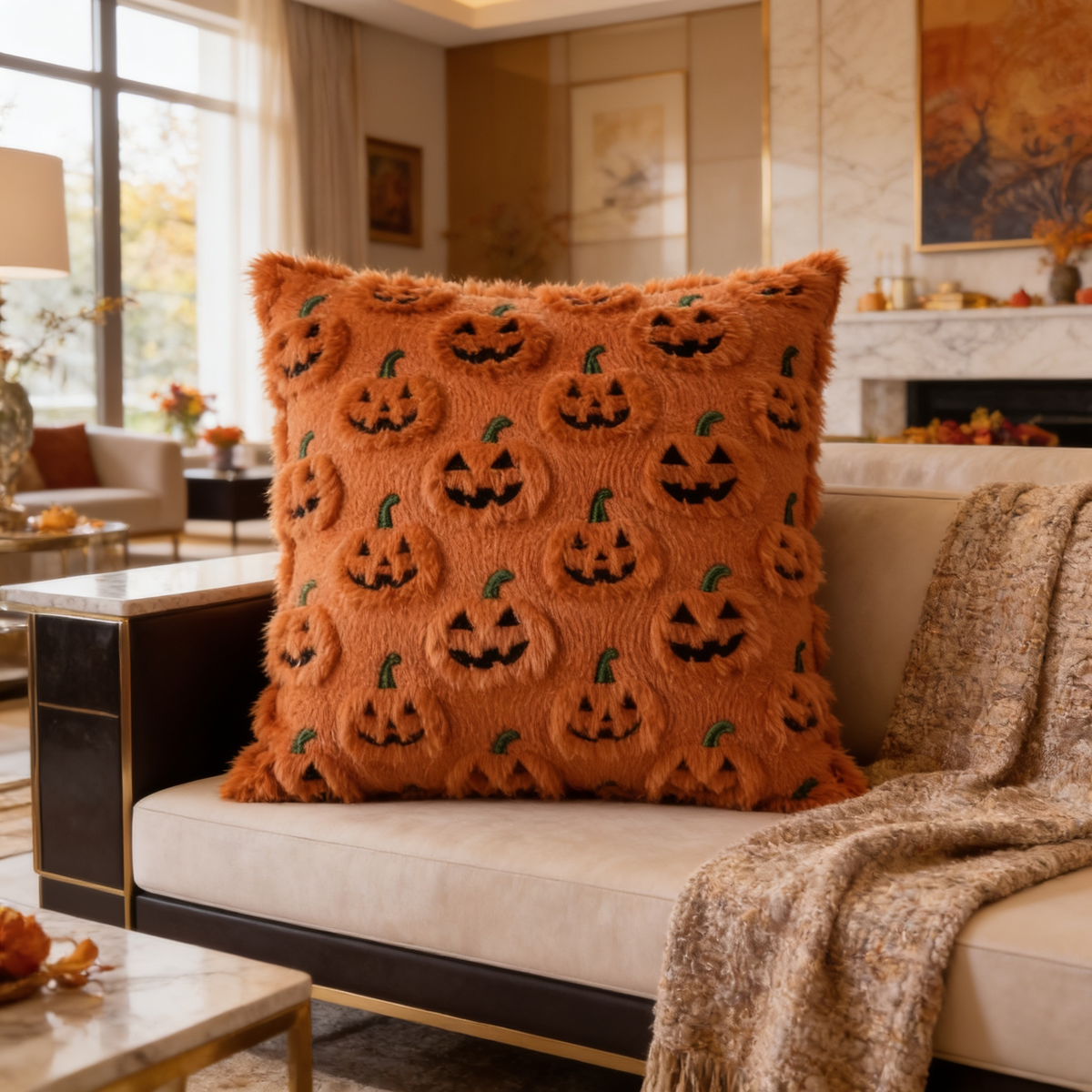 Orange jack o lantern pillow against a sofa with a fireplace behind