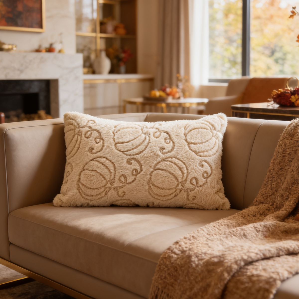 Cream lumbar pillow with tonal pumpkin swirls on a couch near a fireplace