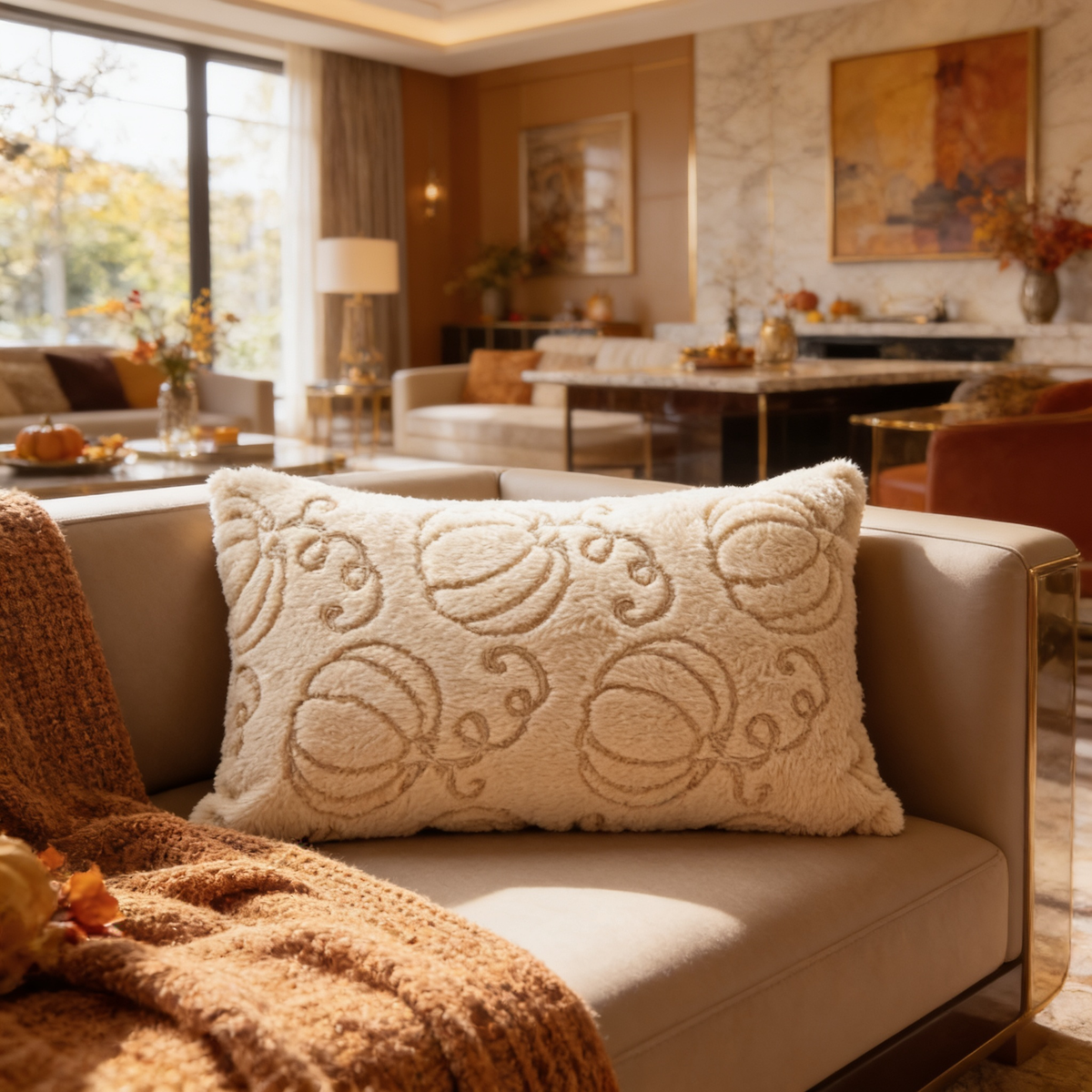 Cream lumbar pillow woven with tonal pumpkin outlines on a beige couch