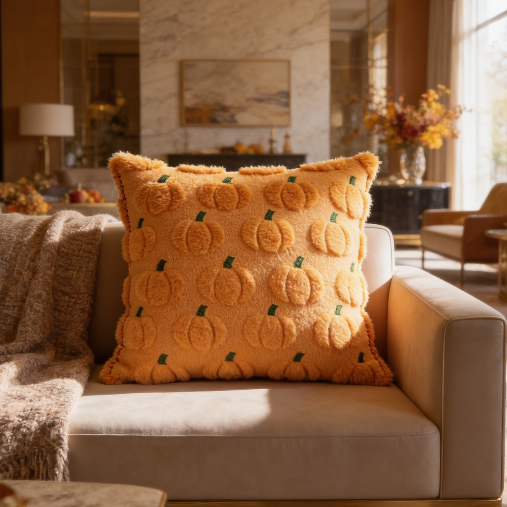 Golden orange pillow tufted with rows of small pumpkins on a pale couch