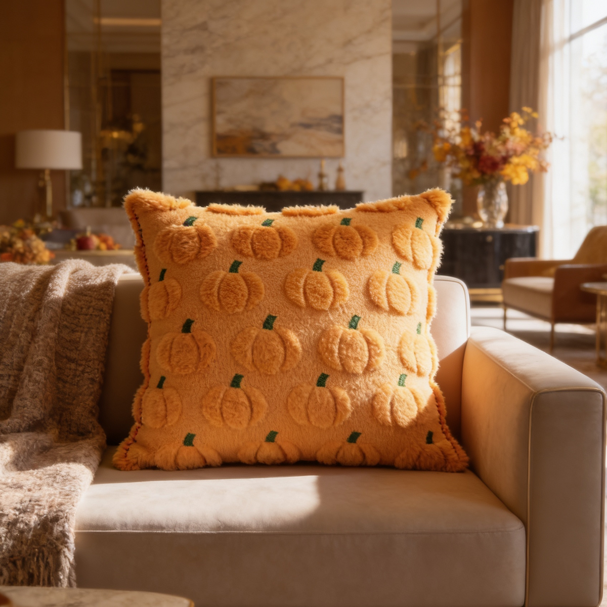 Golden yellow cushion with rows of tufted pumpkins against a marble wall