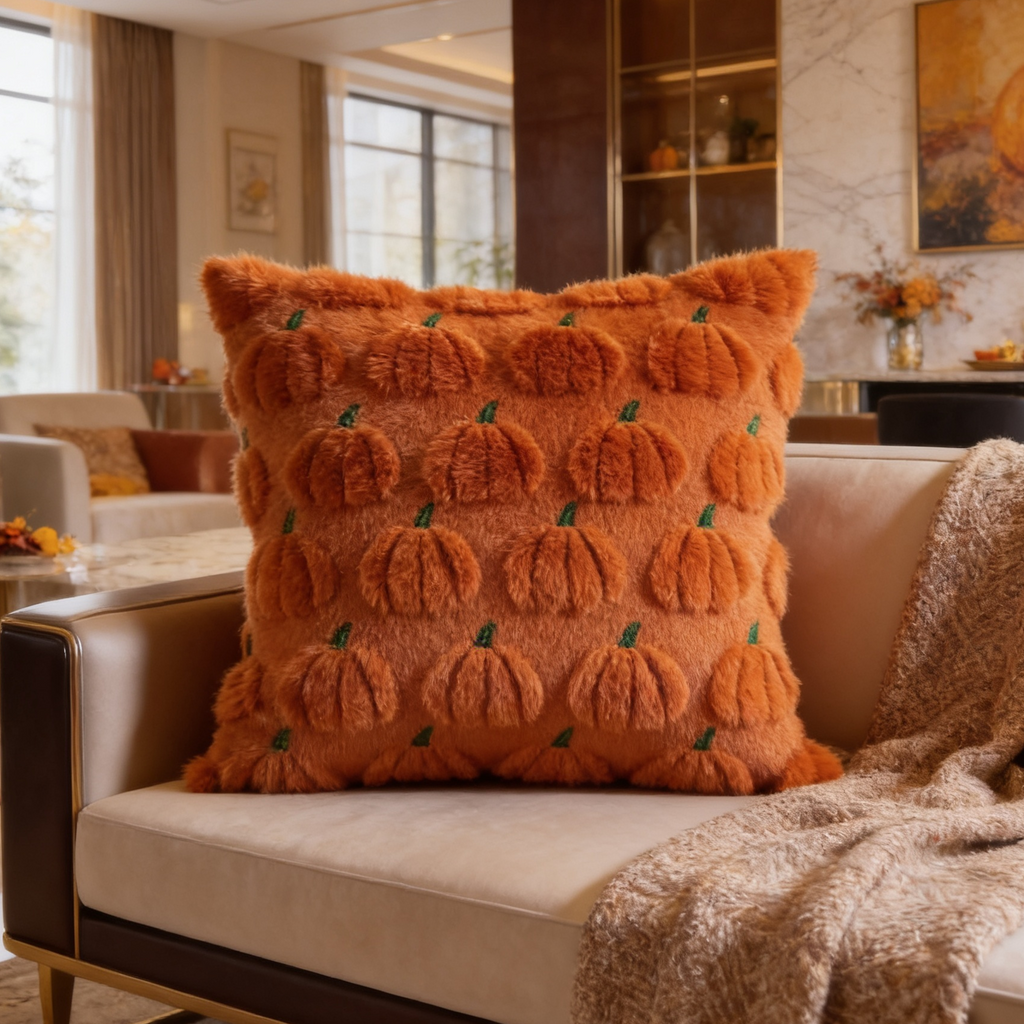 Deep orange red pumpkin cushion on a sofa with a leather arm and tall windows