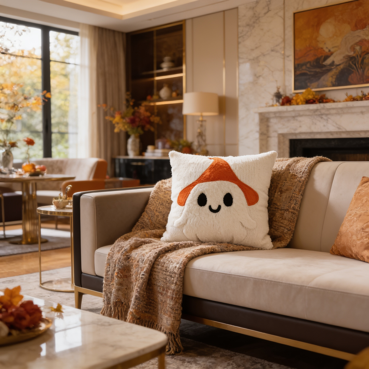 Cream pillow with a ghost face and an orange pointed hat on a sofa