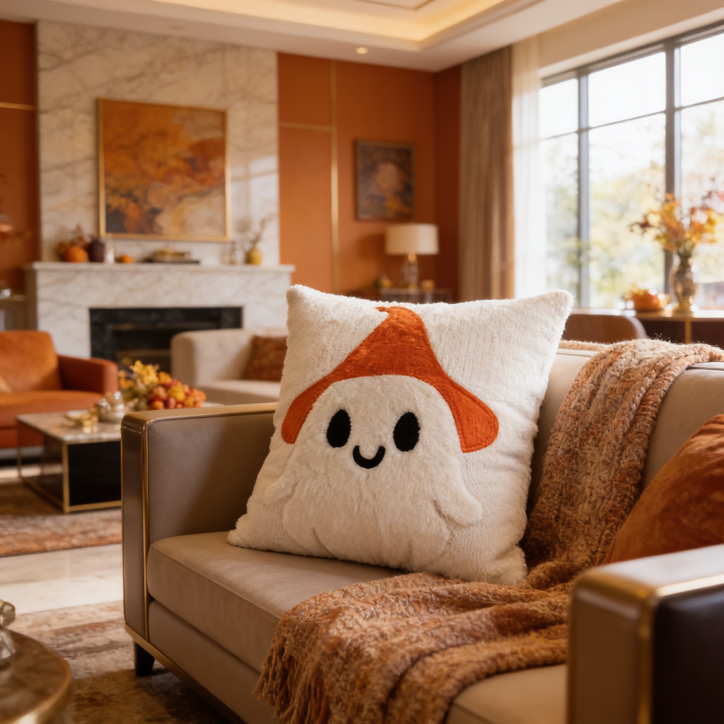Pumpkin Throw Pillow Cover, Woven Jacquard Autumn Cushion Case with Embroidered Pumpkins and a Ghost, 45 x 45 cm / 17.7 in
