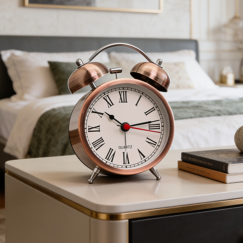 Copper twin bell alarm clock with a roman numeral dial on a bedside table