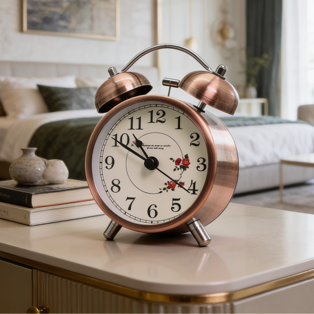Rose gold twin bell clock on a nightstand with books and a bed behind
