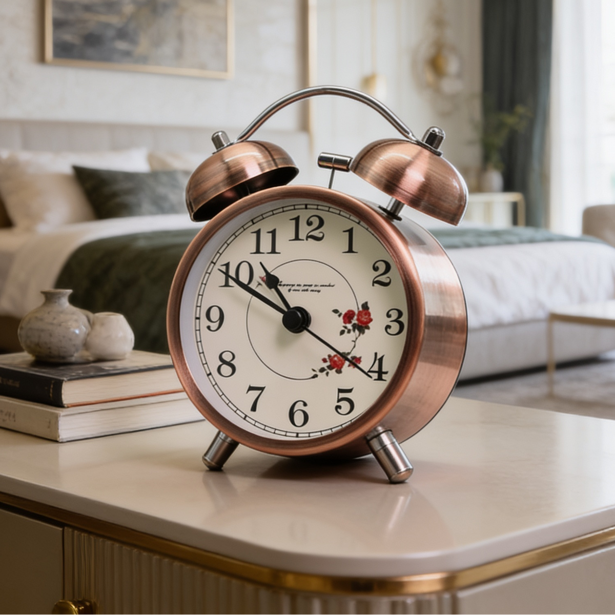 Rose gold twin bell clock on a nightstand with books and a bed behind