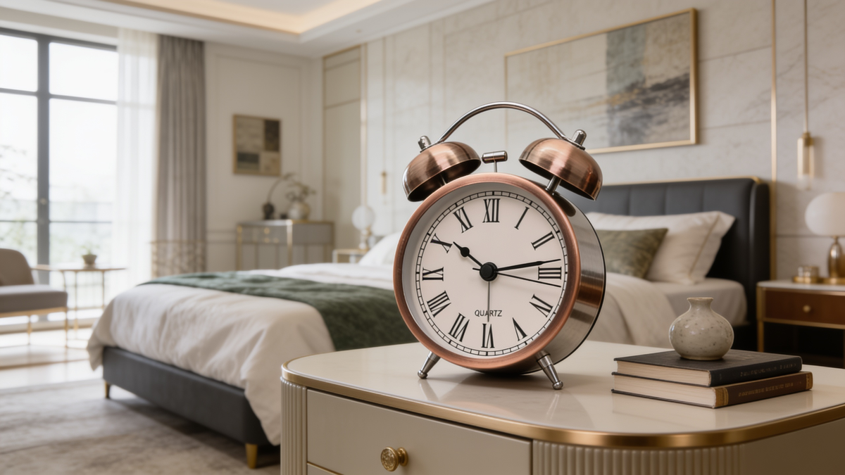 Copper alarm clock on a bedside table in a bright bedroom